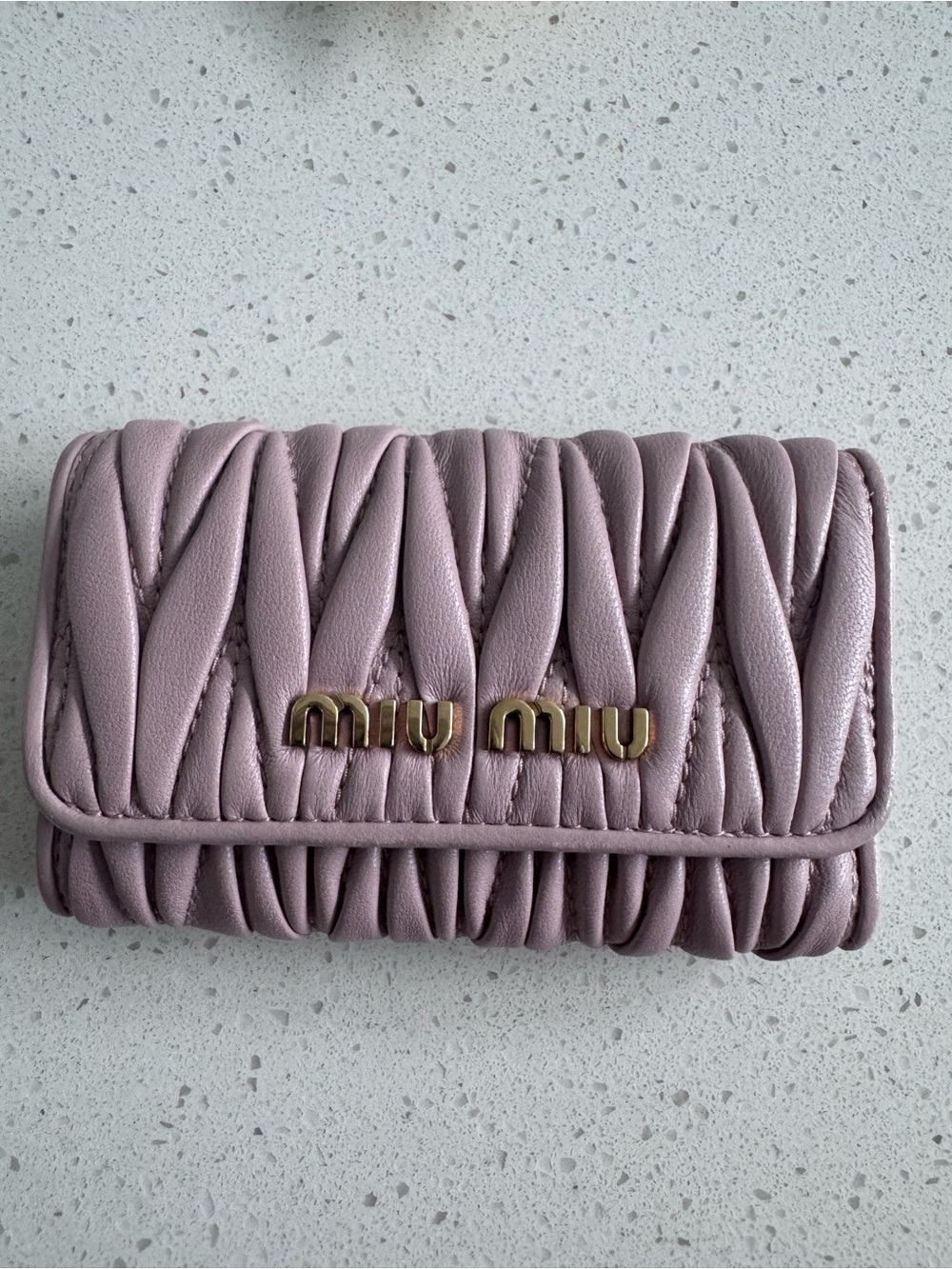 Miu Miu Dusty Blush Pink Matelassé key Holder with Gold Logo